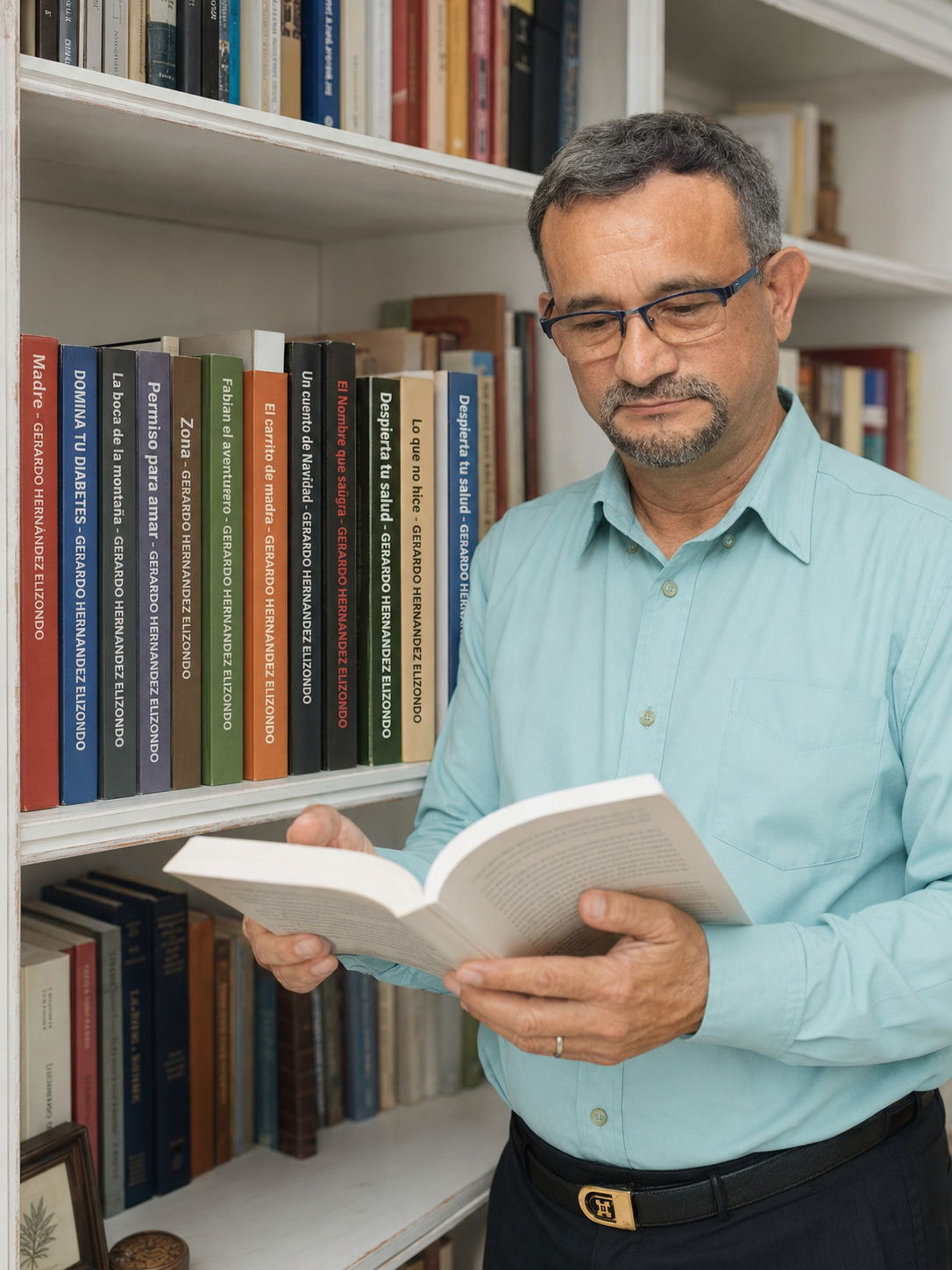 autor leyendo libro frente a estanteria